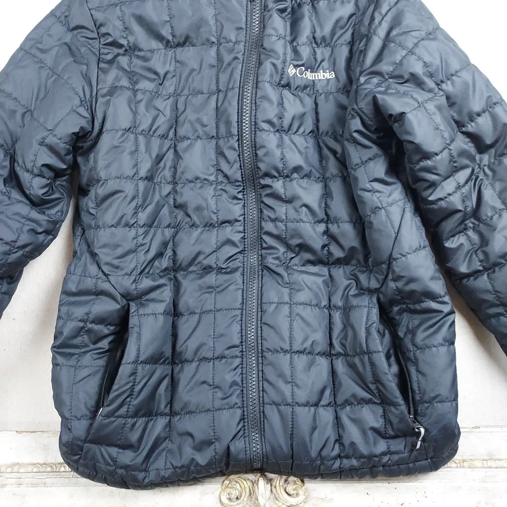 Columbia Youth Medium Black Hooded Puffer Jacket Fleece Lined Full Zip Winter